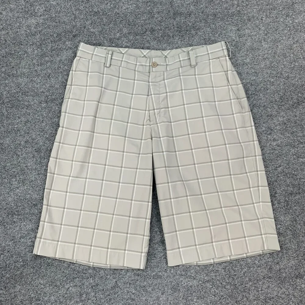 Nike Golf Shorts Mens 36 Beige Check Plaid Stretch Flat Front Lightweight Chino